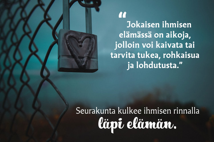 Aitaan ripustettu lukko ja teksti, että seurakunta kulkee rinnalla vaikeuksissa.