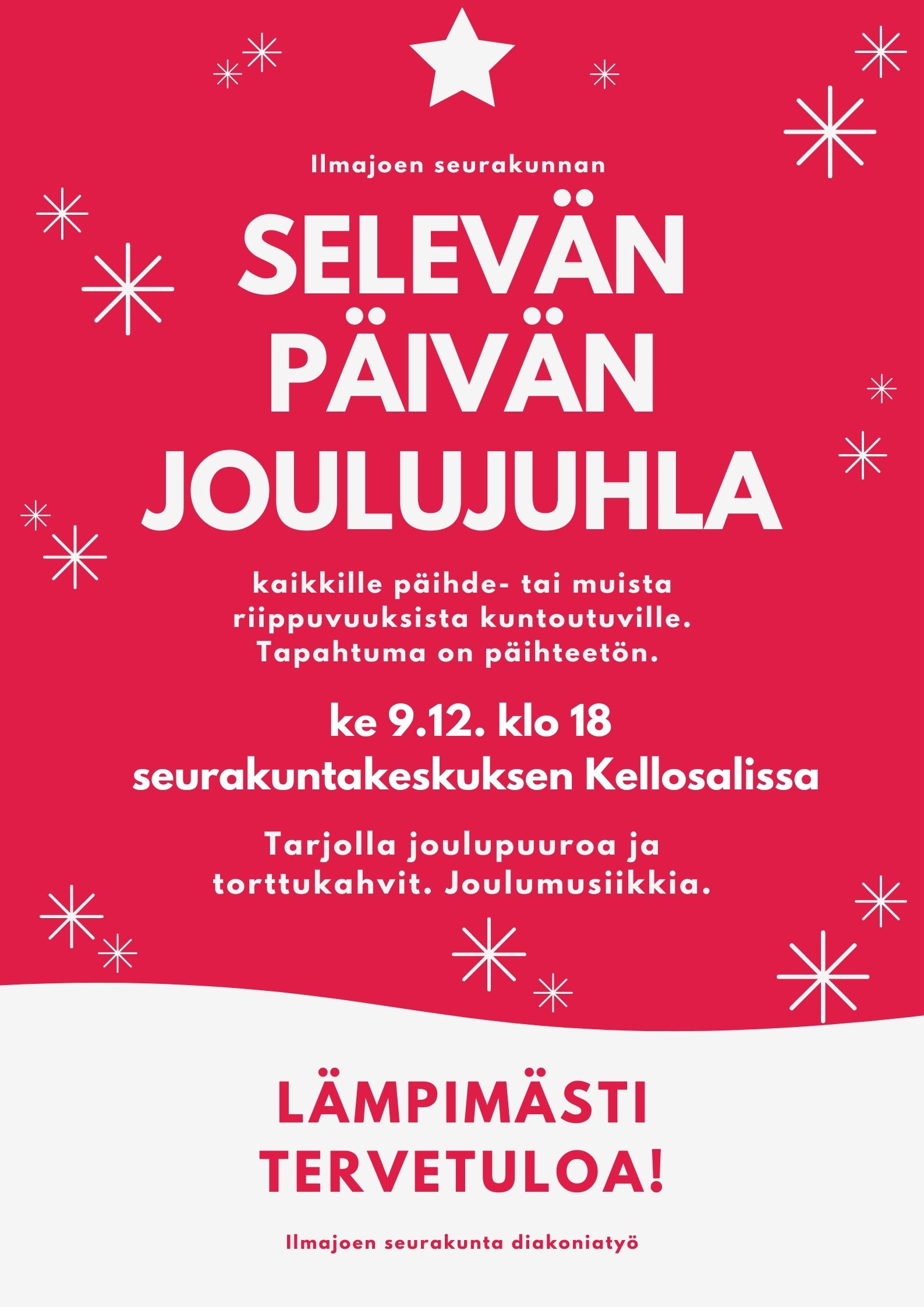 Selevän päivän joulujuhla Kuvassa on tapahtumatiedot punavalkoisessa mainoksessa, jossa on tähtiä.