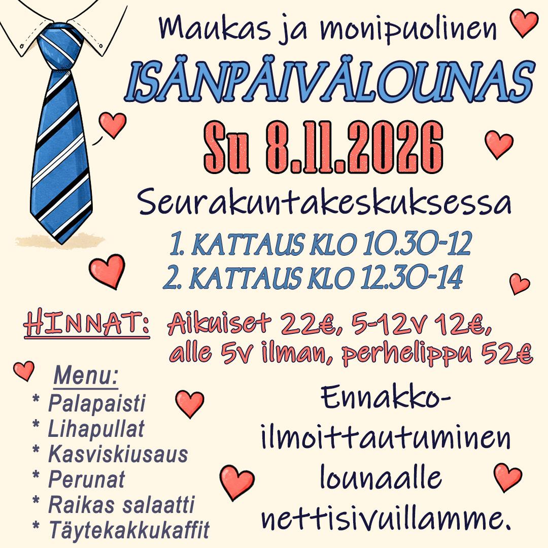 Isänpäivälounas 8.11. srk-keskuksessa. ilmoittautuminen ennakkoon 1.11. mennessä